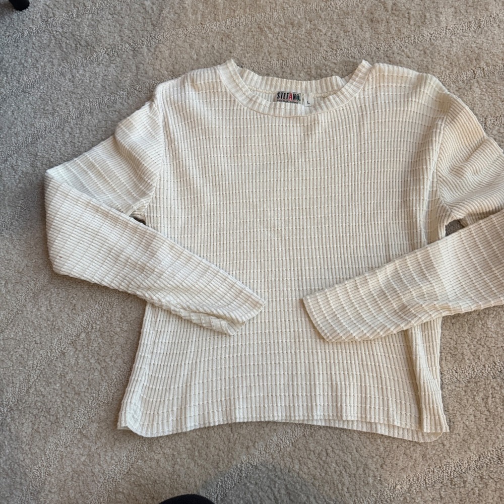 Stefano International Vintage Cream Ribbed Knit Long Sleeve Cotton Top Large